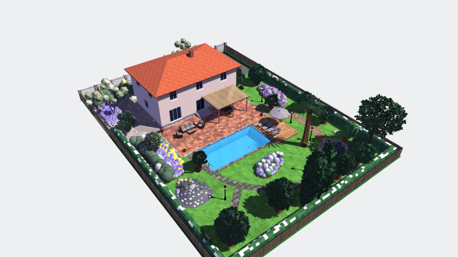 Jardín mediterráneo — vista general del jardín en 3D