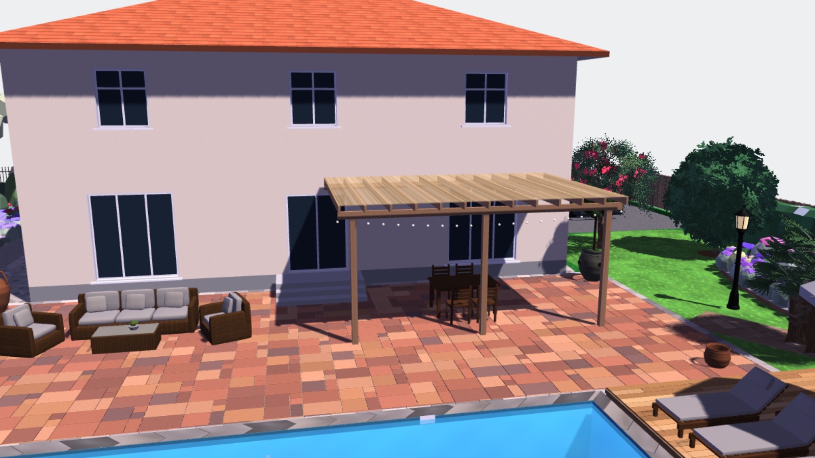 Terraza con pérgola junto a la piscina